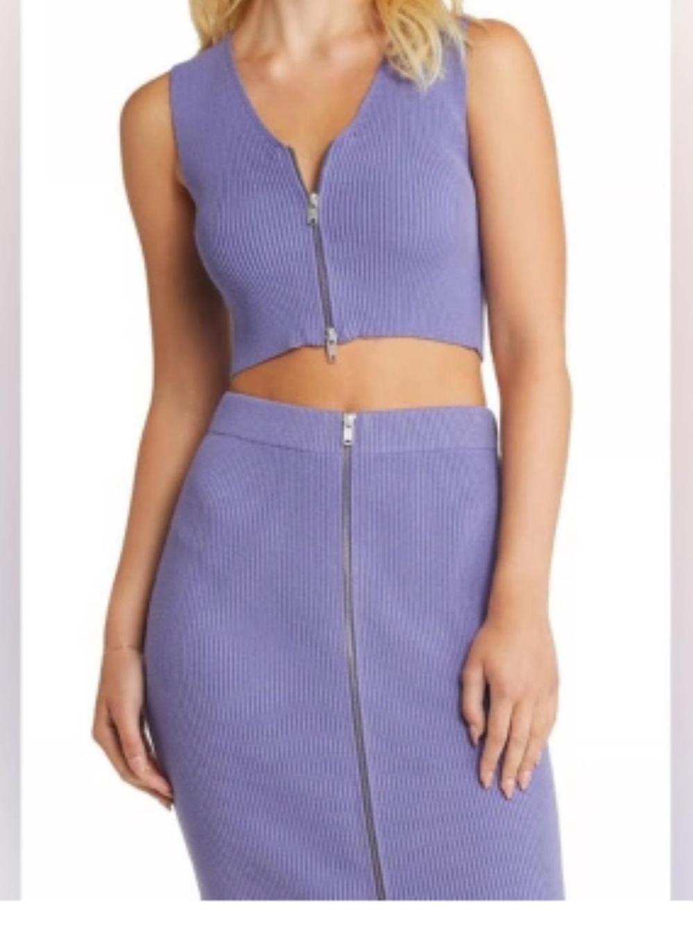 Open Edit  Zip Front Sleeveless Rib Crop Top